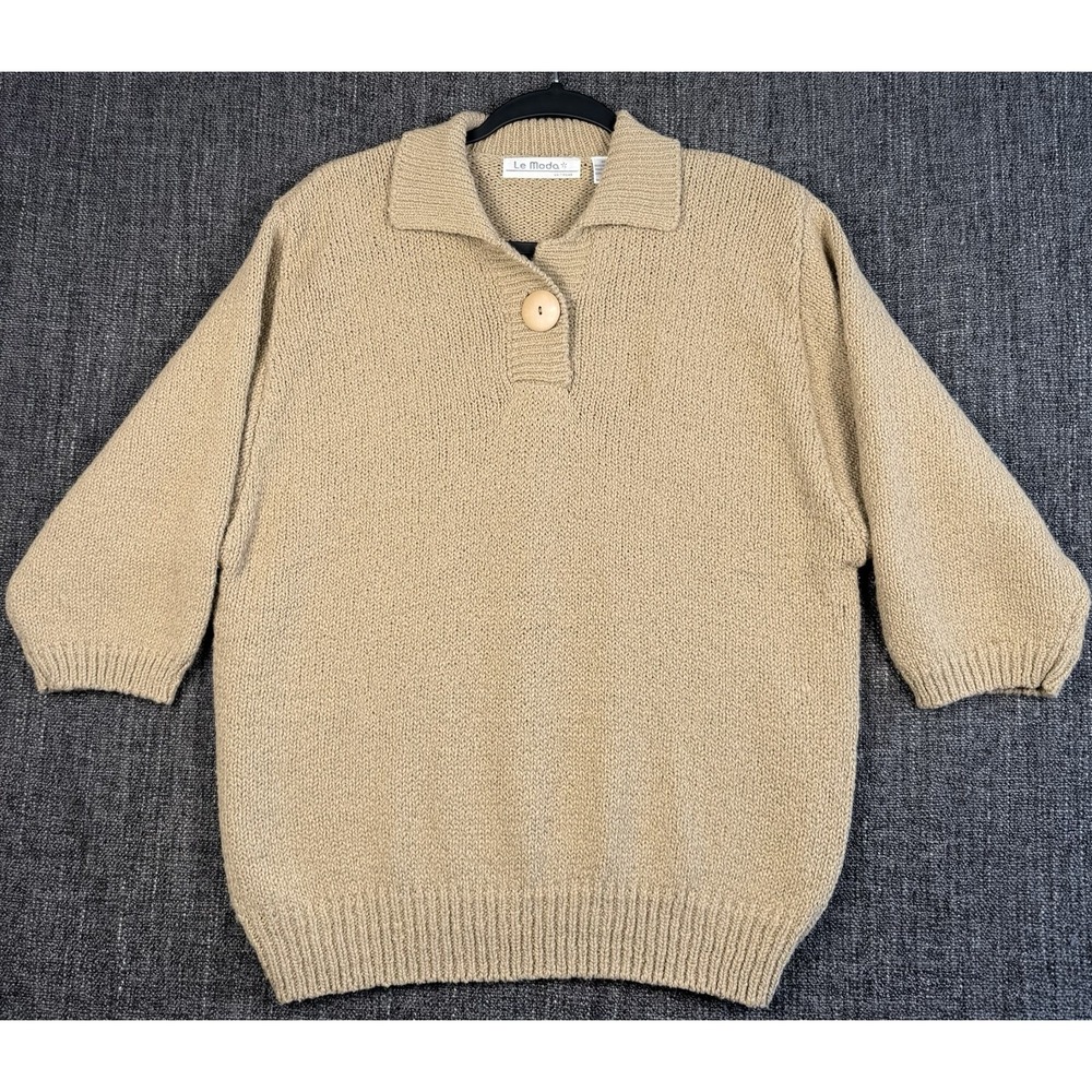 Vintage Le Moda Knit Sweater L Beige Chunky Collared Pullover 3/4 Balloon Sleeve